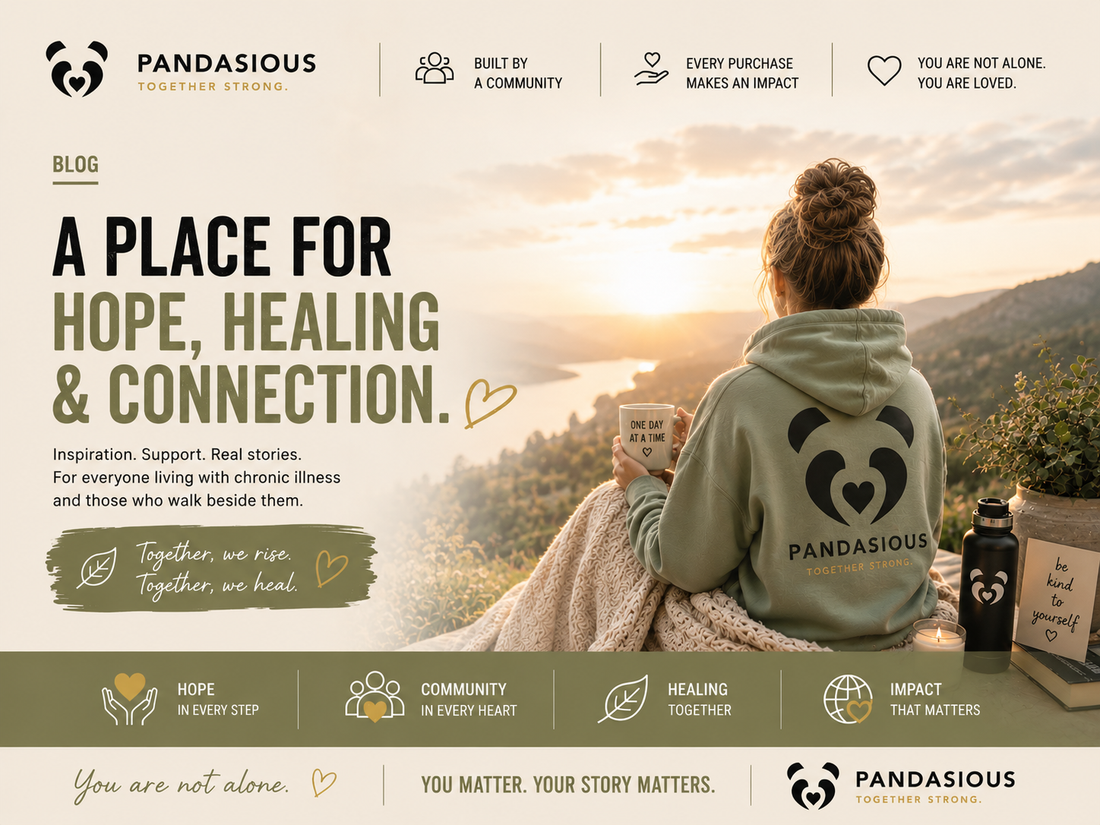 Pandasious community blog cover featuring a peaceful sunrise scene, symbolizing hope, healing, resilience, and connection for people with chronic illnesses, invisible disabilities, and their loved ones.